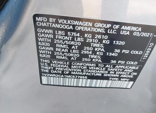 1V2WR2CA1MC577655 2021 2021 Volkswagen Atlas- 3-6L V6 Se W/ 9