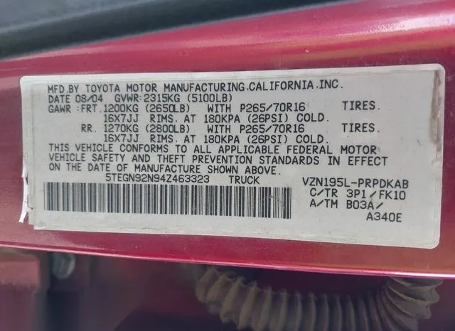 5TEGN92N94Z463323 2004 2004 Toyota Tacoma- Prerunner V6 9