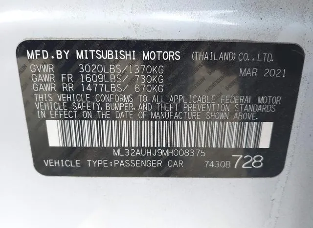 ML32AUHJ9MH008375 2021 2021 Mitsubishi Mirage- Carbonite Ed 9