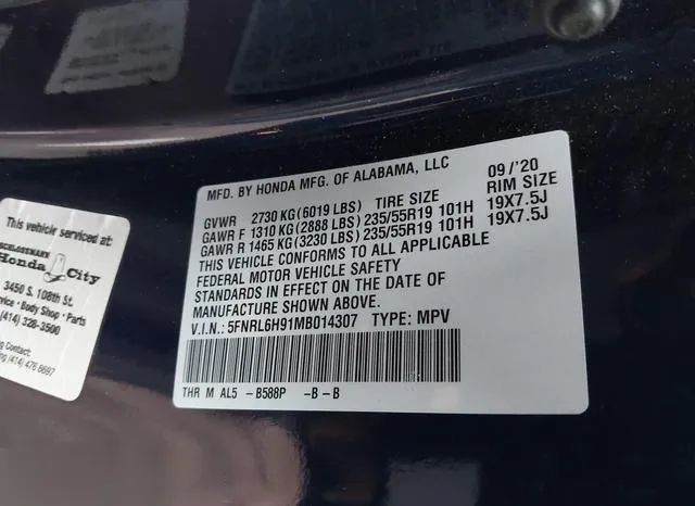 5FNRL6H91MB014307 2021 2021 Honda Odyssey- Elite 9