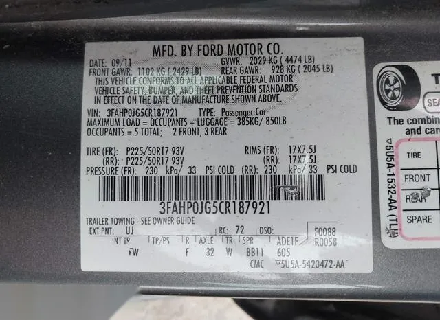 3FAHP0JG5CR187921 2012 2012 Ford Fusion- Sel 9