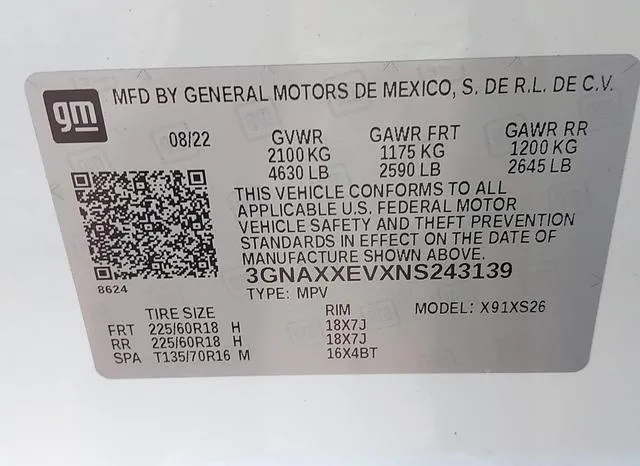 3GNAXXEVXNS243139 2022 2022 Chevrolet Equinox- Awd Premier 9