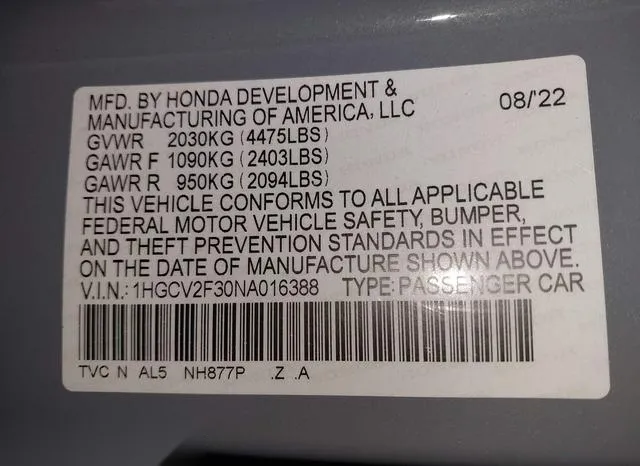 1HGCV2F30NA016388 2022 2022 Honda Accord- Sport 2-0T 9