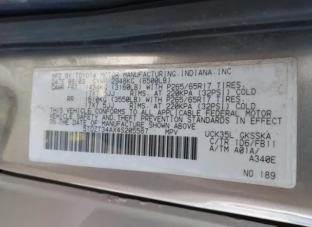 5TDZT34AX4S205587 2004 2004 Toyota Sequoia- Sr5 V8 9