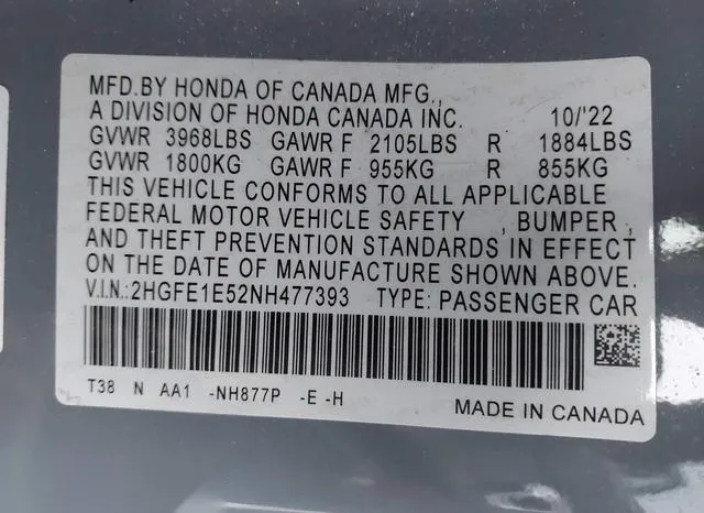 2HGFE1E52NH477393 2022 2022 Honda Civic- Si Sedan 9