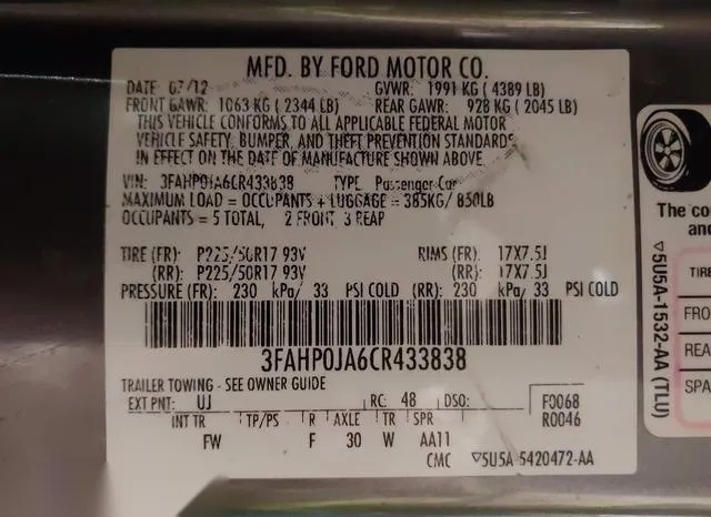 3FAHP0JA6CR433838 2012 2012 Ford Fusion- Sel 9