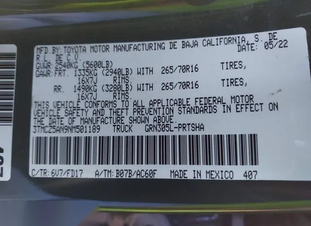 3TMCZ5AN9NM501189 2022 2022 Toyota Tacoma- Trd Off Road 9