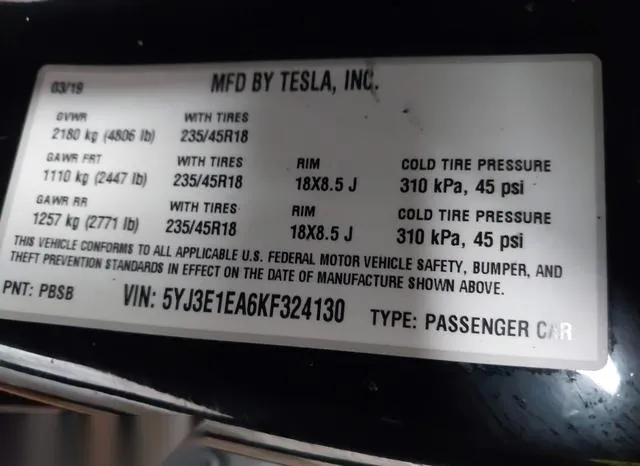 5YJ3E1EA6KF324130 2019 2019 Tesla Model 3- Long Range/Mid R 9