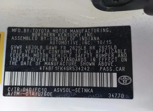 4T4BF1FK4GR534242 2016 2016 Toyota Camry- LE 9