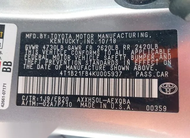 4T1B21FB4KU005937 2019 2019 Toyota Avalon- Hybrid Xse 9