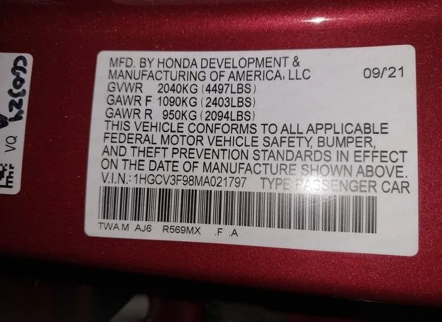 1HGCV3F98MA021797 2021 2021 Honda Accord- Hybrid Touring 9