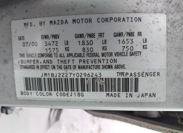 JM1BJ2227YO296243 2000 2000 Mazda Protege- Dx/Lx 9