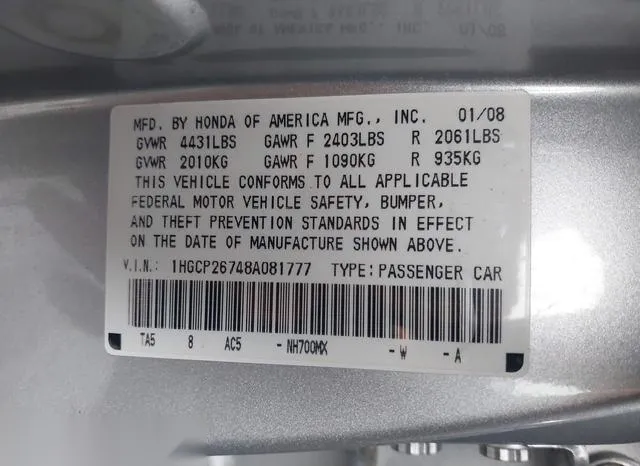 1HGCP26748A081777 2008 2008 Honda Accord- 2-4 EX 9