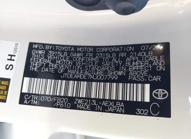 JTDEAMDE7MJ007799 2021 2021 Toyota Corolla- Hybrid Le 9