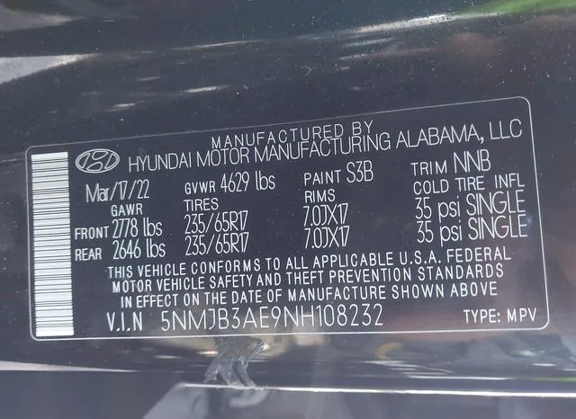 5NMJB3AE9NH108232 2022 2022 Hyundai Tucson- Sel 9