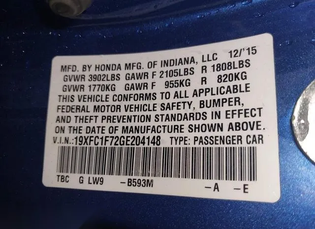 19XFC1F72GE204148 2016 2016 Honda Civic- Ex-L 9