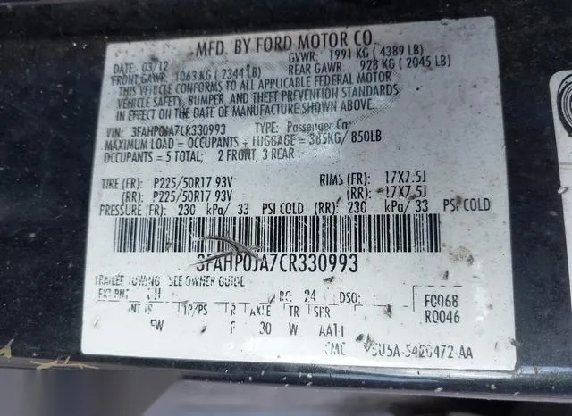 3FAHP0JA7CR330993 2012 2012 Ford Fusion- Sel 9