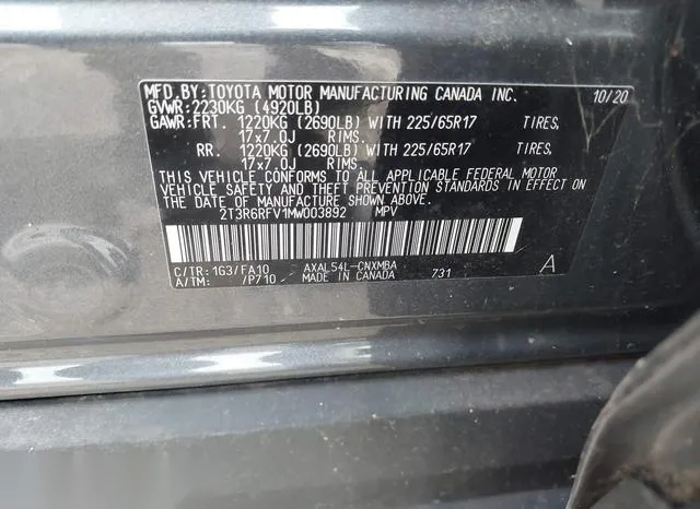 2T3R6RFV1MW003892 2021 2021 Toyota RAV4- Hybrid Xle 9