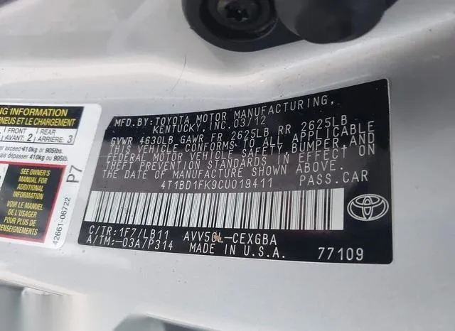 4T1BD1FK9CU019411 2012 2012 Toyota Camry- Hybrid Xle 9