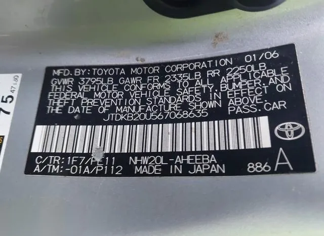 JTDKB20U567068635 2006 2006 Toyota Prius 9