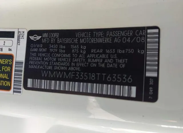 WMWMF33518TT63536 2008 2008 Mini Cooper 9