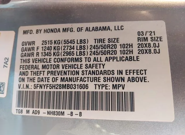 5FNYF5H28MB031606 2021 2021 Honda Pilot- 2Wd Special Edition 9