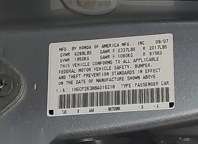 1HGCP263X8A016218 2008 2008 Honda Accord- 2-4 LX 9