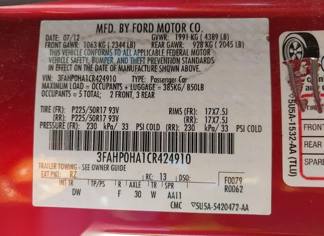 3FAHP0HA1CR424910 2012 2012 Ford Fusion- SE 9