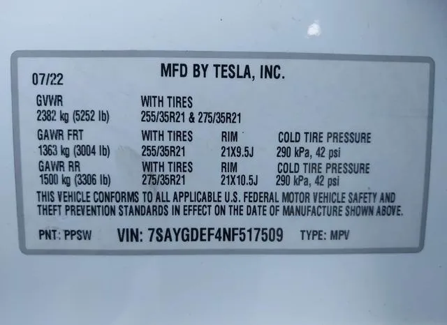 7SAYGDEF4NF517509 2022 2022 Tesla Model Y- Performance Dual 9