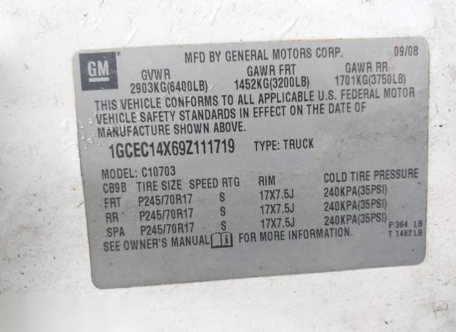 1GCEC14X69Z111719 2009 2009 Chevrolet Silverado 1500- Work 9