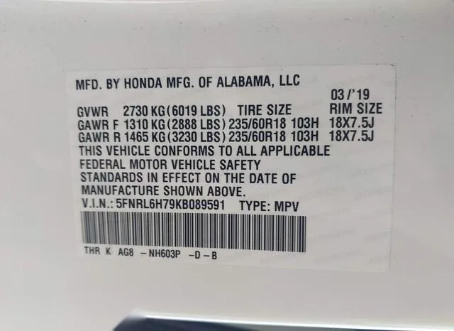 5FNRL6H79KB089591 2019 2019 Honda Odyssey- Ex-L 9