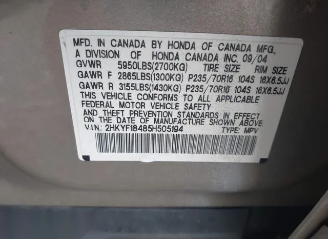 2HKYF18485H505194 2005 2005 Honda Pilot- EX 9