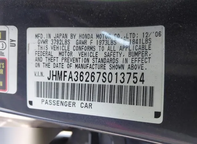 JHMFA36267S013754 2007 2007 Honda Civic- Hybrid 9