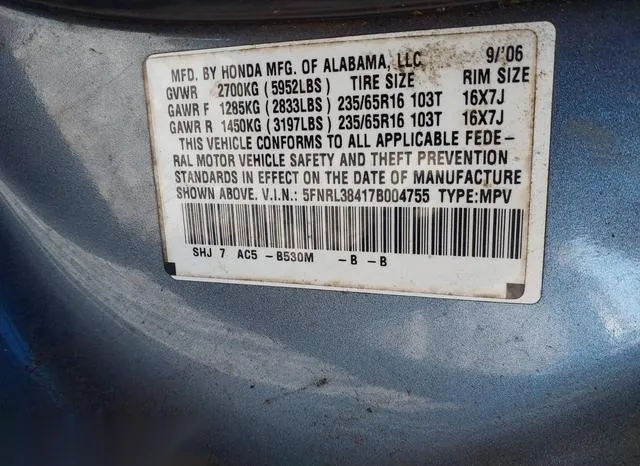 5FNRL38417B004755 2007 2007 Honda Odyssey- EX 9