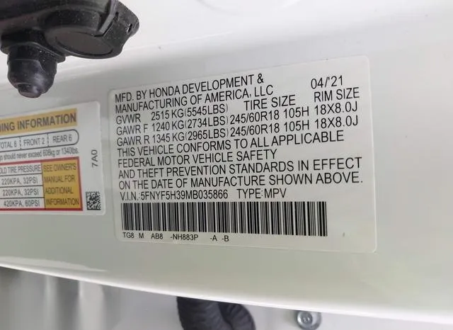 5FNYF5H39MB035866 2021 2021 Honda Pilot- 2Wd Ex 9