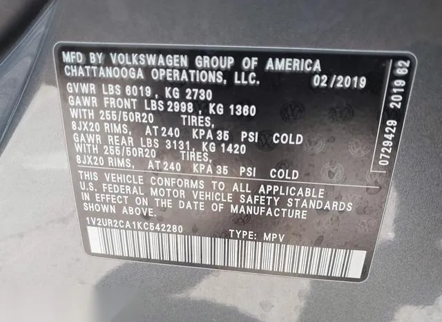 1V2UR2CA1KC542280 2019 2019 Volkswagen Atlas- 3-6L V6 Se W/ 9