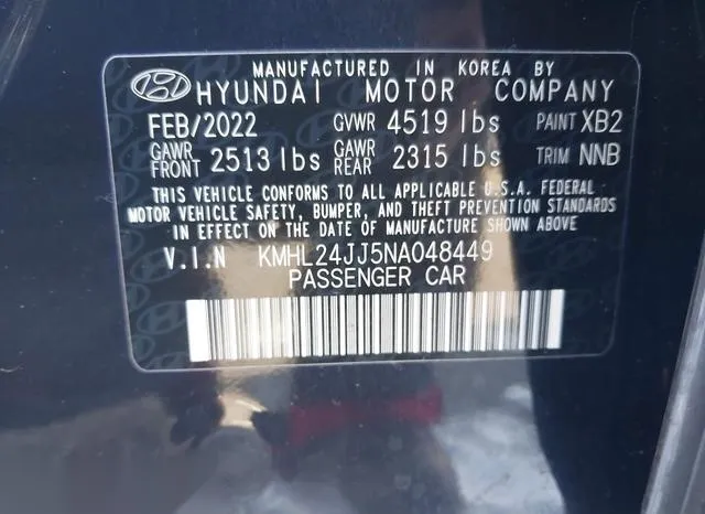 KMHL24JJ5NA048449 2022 2022 Hyundai Sonata- Hybrid Blue 9