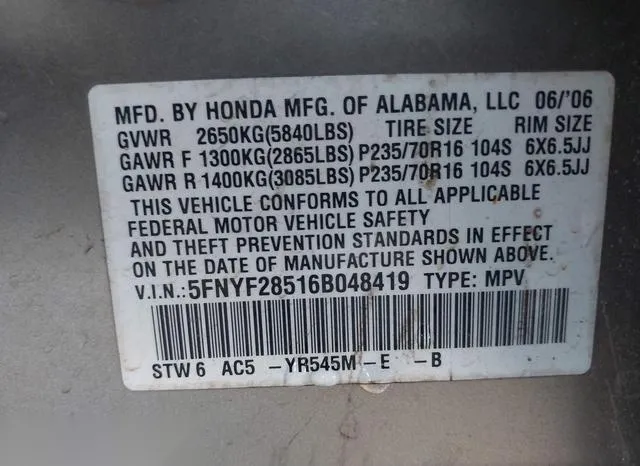 5FNYF28516B048419 2006 2006 Honda Pilot- Ex-L 9