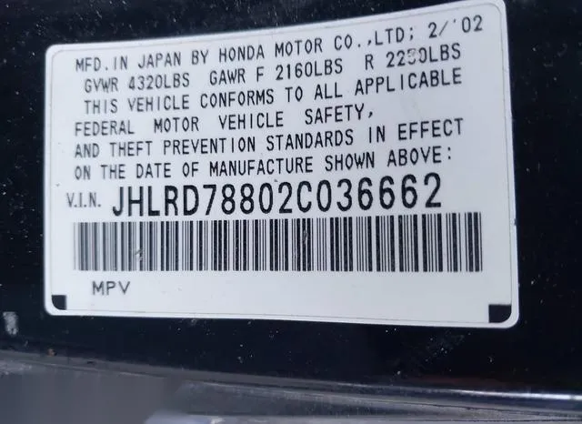 JHLRD78802C036662 2002 2002 Honda CR-V- EX 9