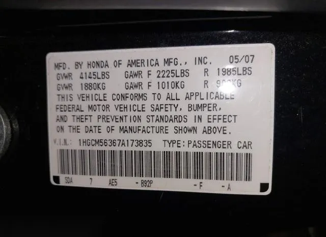 1HGCM56367A173835 2007 2007 Honda Accord- 2-4 SE 9