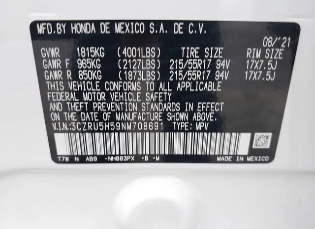 3CZRU5H59NM708691 2022 2022 Honda HR-V- 2Wd Ex 9