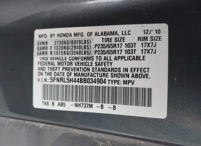 5FNRL5H44BB034904 2011 2011 Honda Odyssey- EX 9