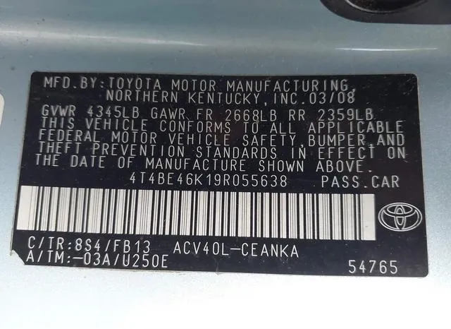 4T4BE46K19R055638 2009 2009 Toyota Camry- LE 9