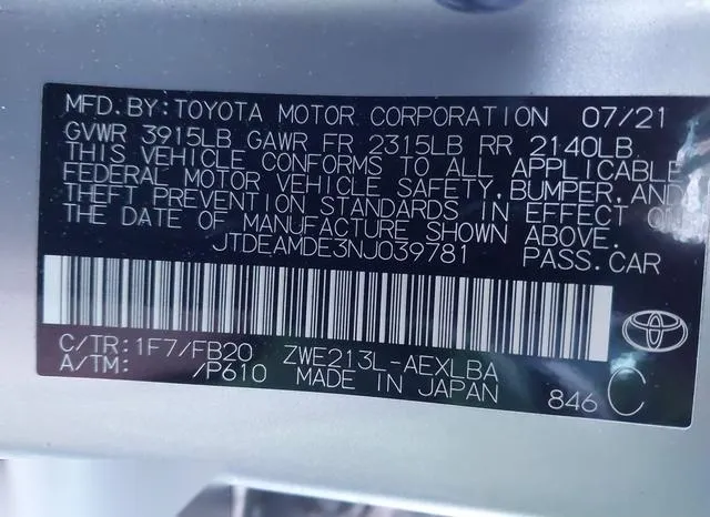 JTDEAMDE3NJ039781 2022 2022 Toyota Corolla- Hybrid Le 9