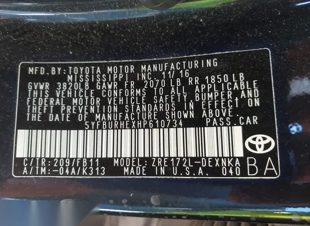 5YFBURHEXHP610734 2017 2017 Toyota Corolla- LE 9