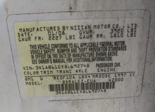 3N1AB61EX8L692748 2008 2008 Nissan Sentra- 2-0S 9