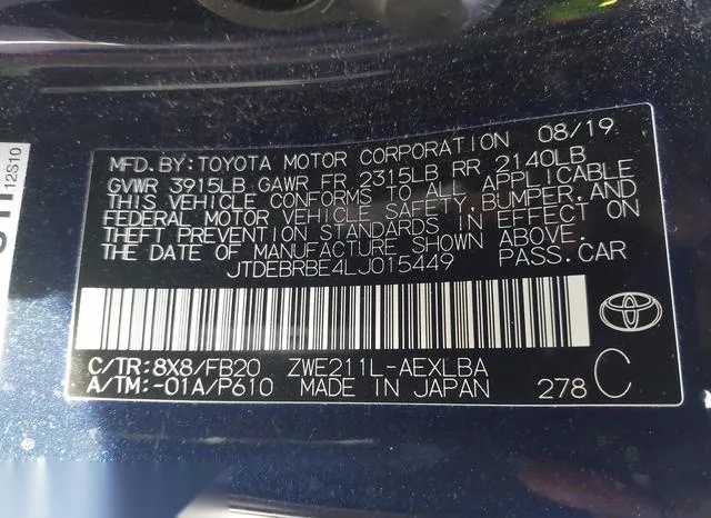 JTDEBRBE4LJ015449 2020 2020 Toyota Corolla- Hybrid Le 9