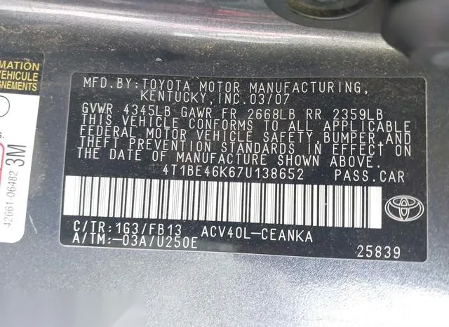 4T1BE46K67U138652 2007 2007 Toyota Camry- LE 9