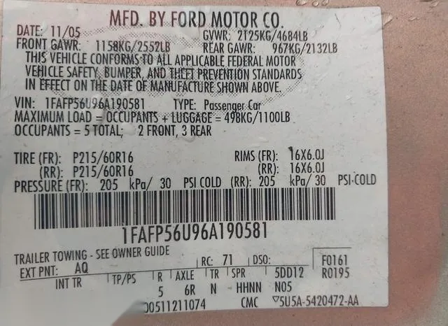 1FAFP56U96A190581 2006 2006 Ford Taurus- Sel 9