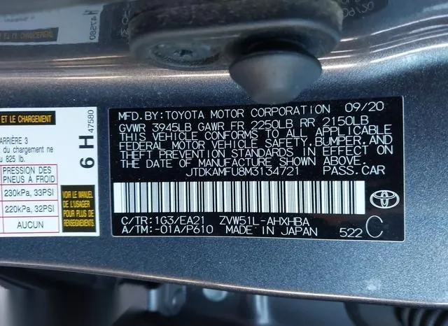 JTDKAMFU8M3134721 2021 2021 Toyota Prius- Limited 9